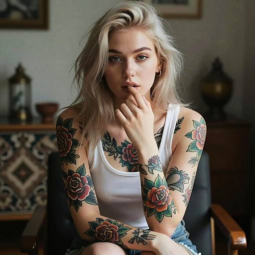 Young Woman with Floral Sleeve Tattoos in Casual Setting