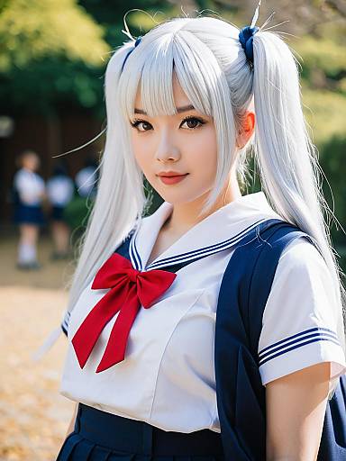 Young Woman in Japanese Schoolgirl Uniform with Silver Twin Tails Hairstyle