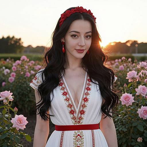 Young Woman in Embroidered White Dress in Rose Garden at Sunset