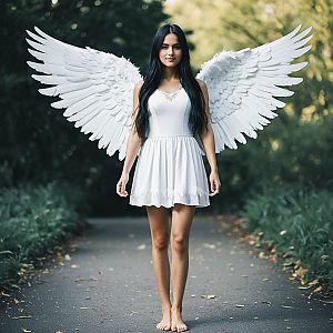 Barefoot Woman in White Dress with Angel Wings in Forest