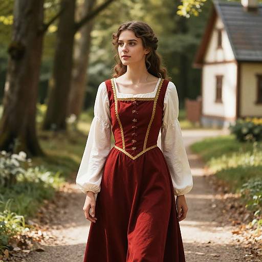 Medieval Style Woman in Red Renaissance Dress Walking Outdoors