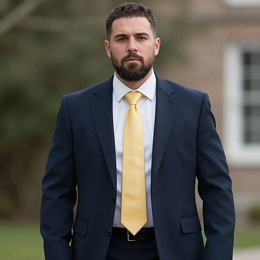 Confident Man in Navy Suit with Yellow Tie Outdoors