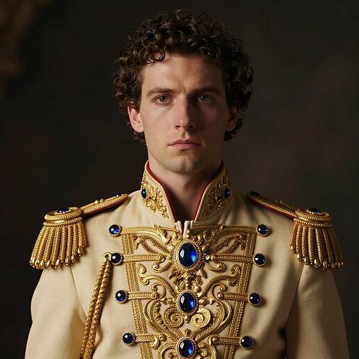 Man in Ornate Military-Style Jacket with Gold Embroidery and Blue Gemstones