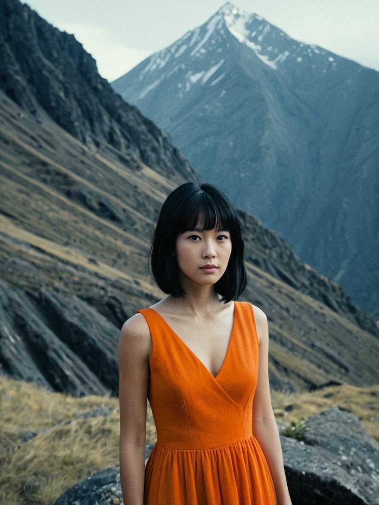 Young Woman in Orange Dress Against Mountain Landscape