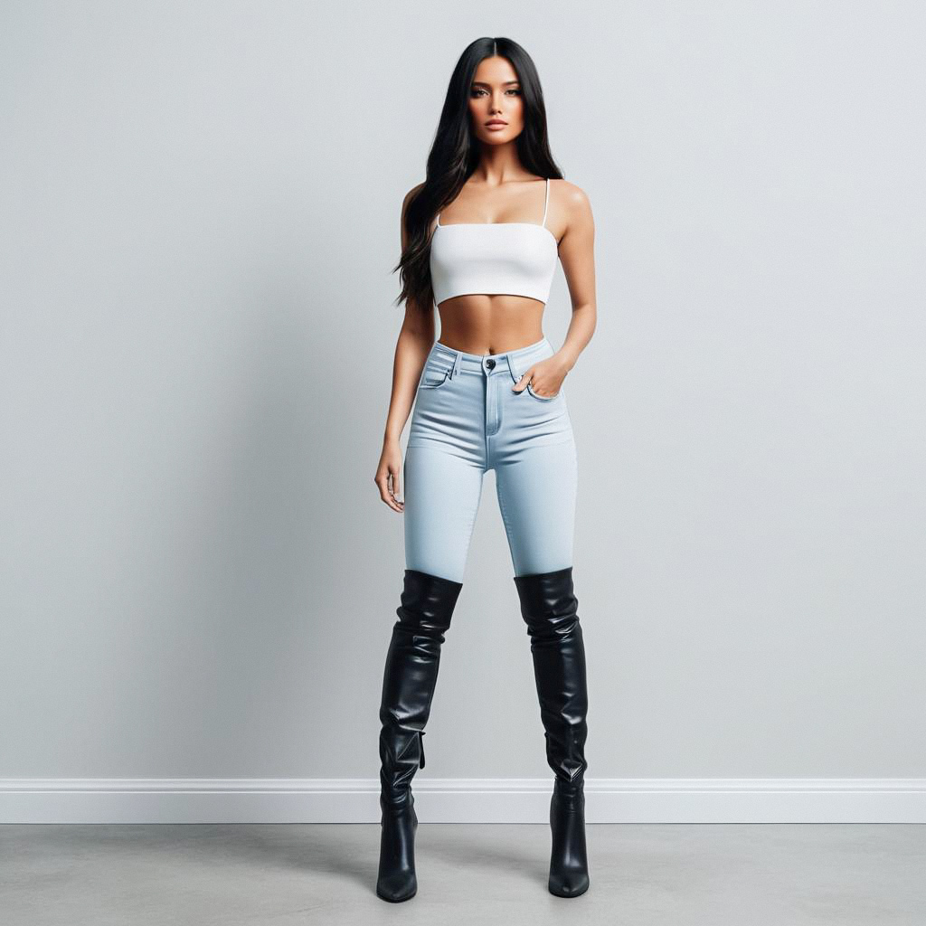 Confident Woman in White Crop Top and Thigh-High Boots
