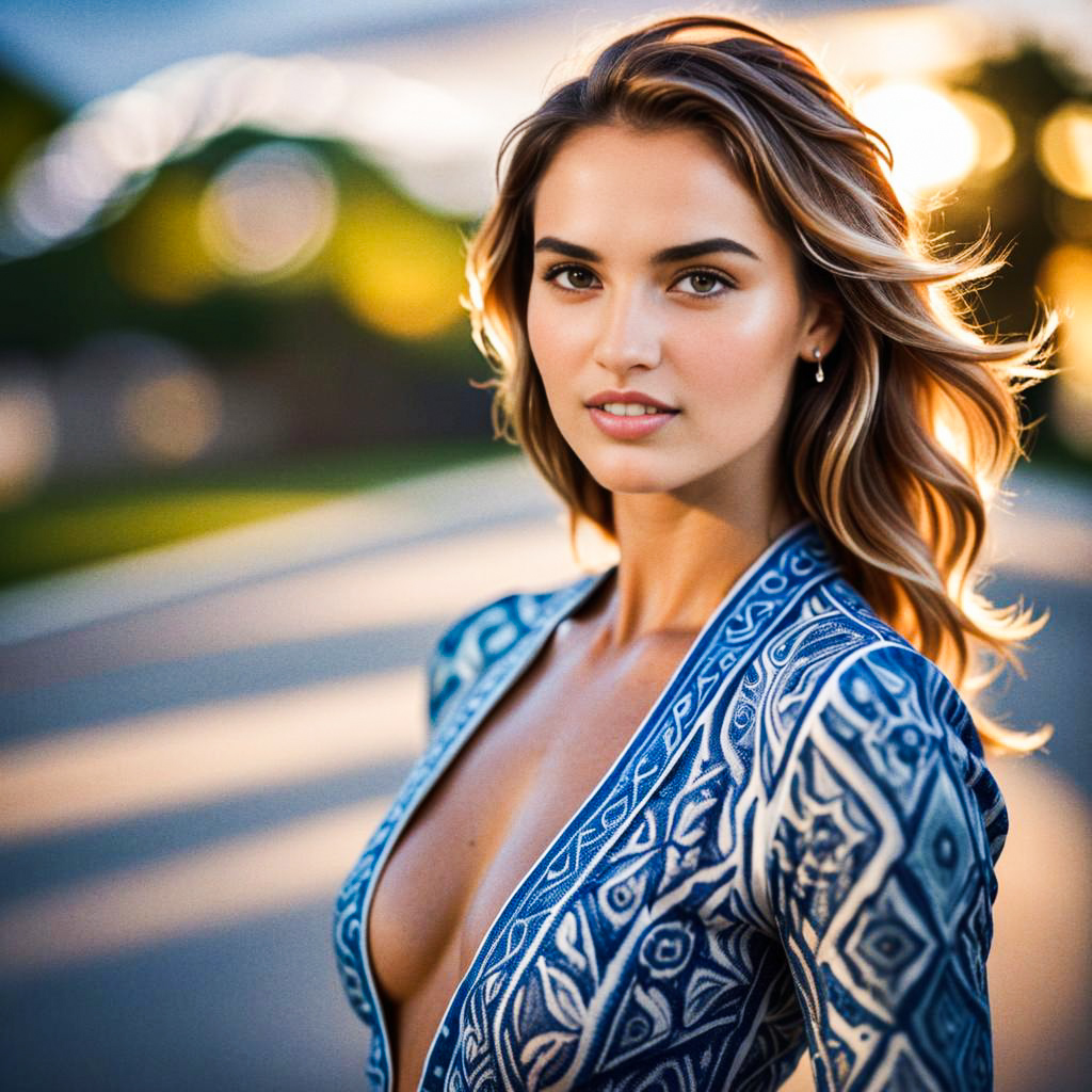 Confident Woman in Blue-Patterned Outfit