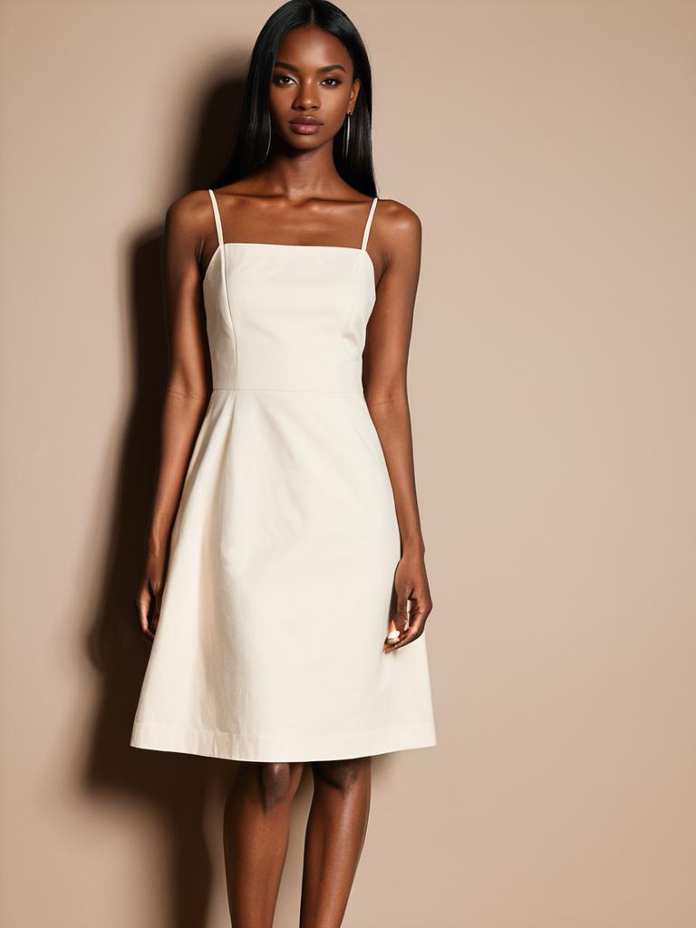 Elegant Woman in Minimalist White Sleeveless Dress Against Beige Background