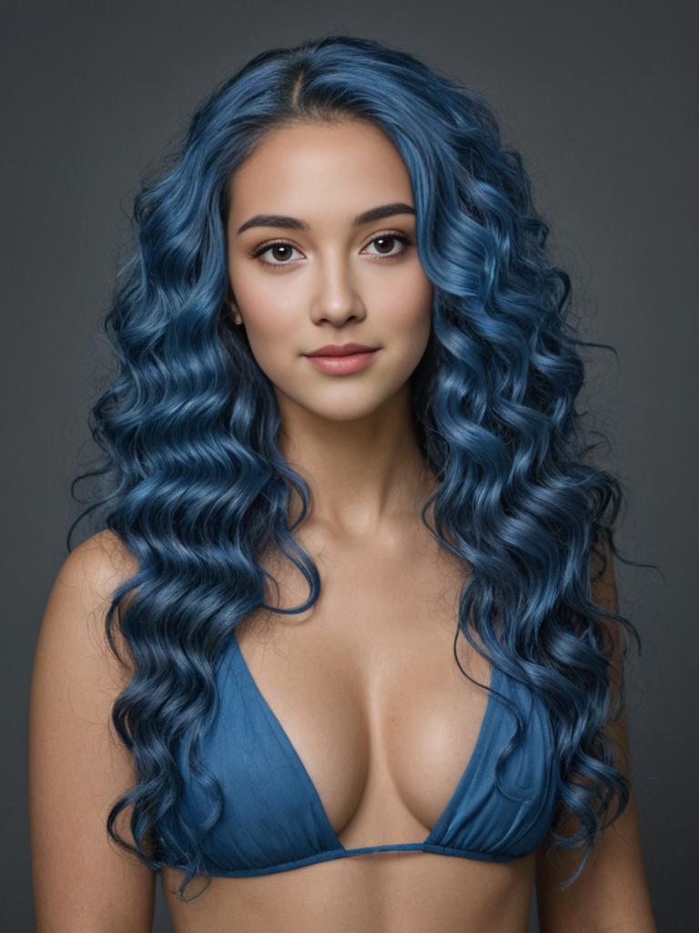 Vibrant Woman with Blue Curly Hair in Minimalist Setting