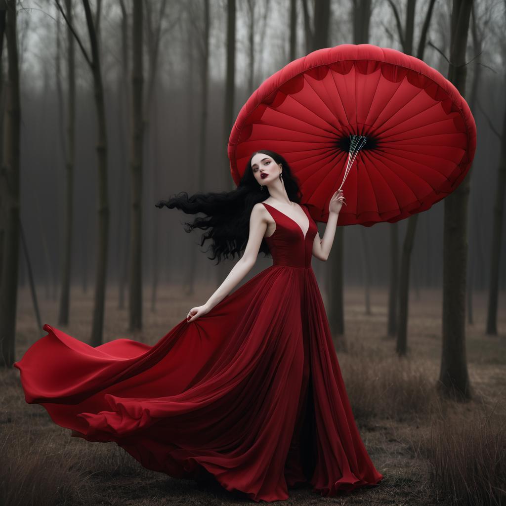 Woman in Red Gown with Umbrella in Misty Forest