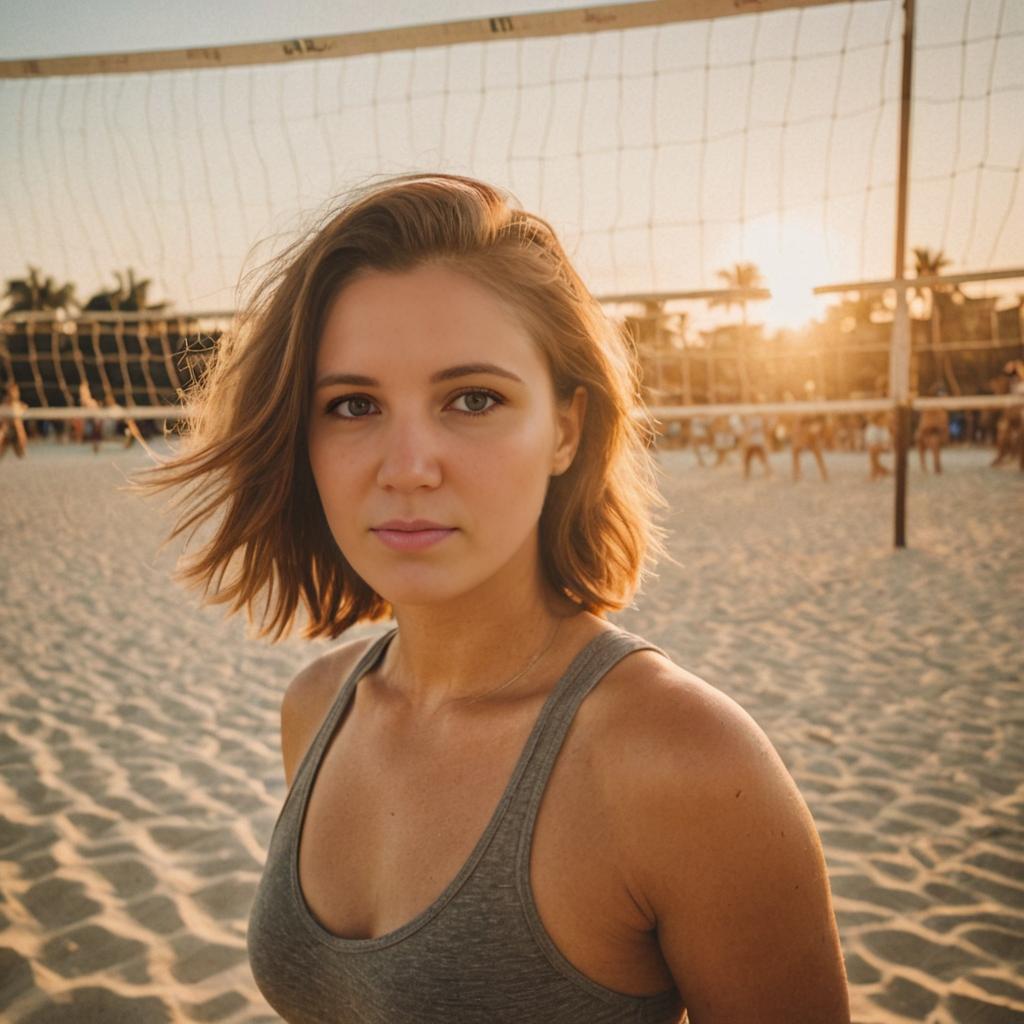 Woman with Poignant Gaze at Volleyball Net During Golden Hour