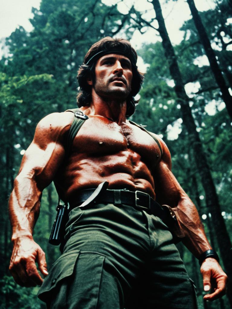 Muscular Man in Rambo First Blood Costume with Cinematic Realism Low Angle