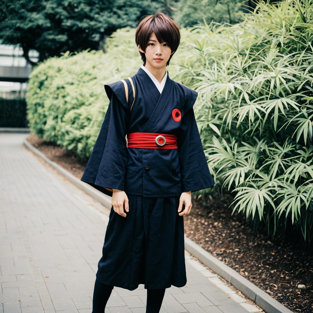 Young Woman in Traditional Japanese Outfit with Red Obi Belt