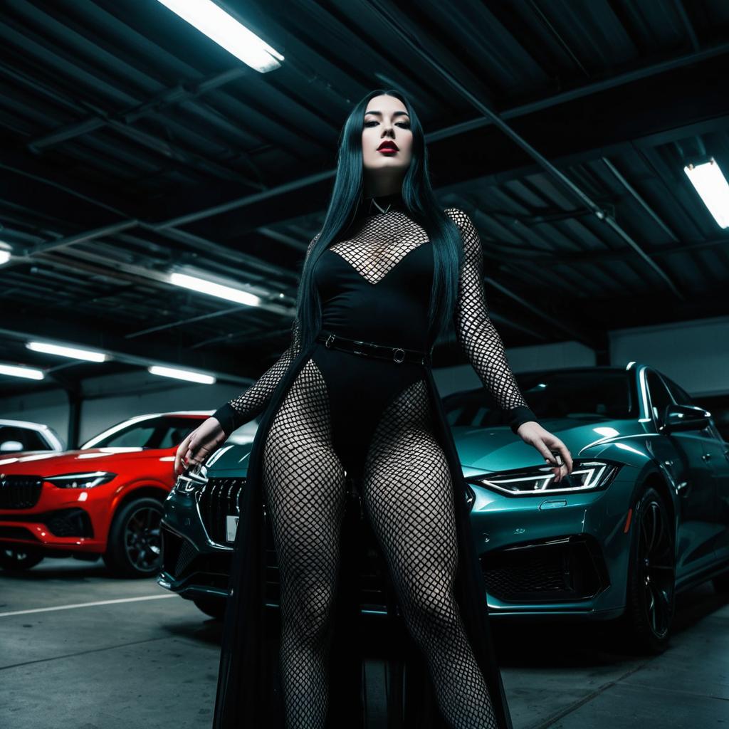 Confident Woman in Black Fishnet Bodysuit Posing by Luxury Cars in Parking Garage