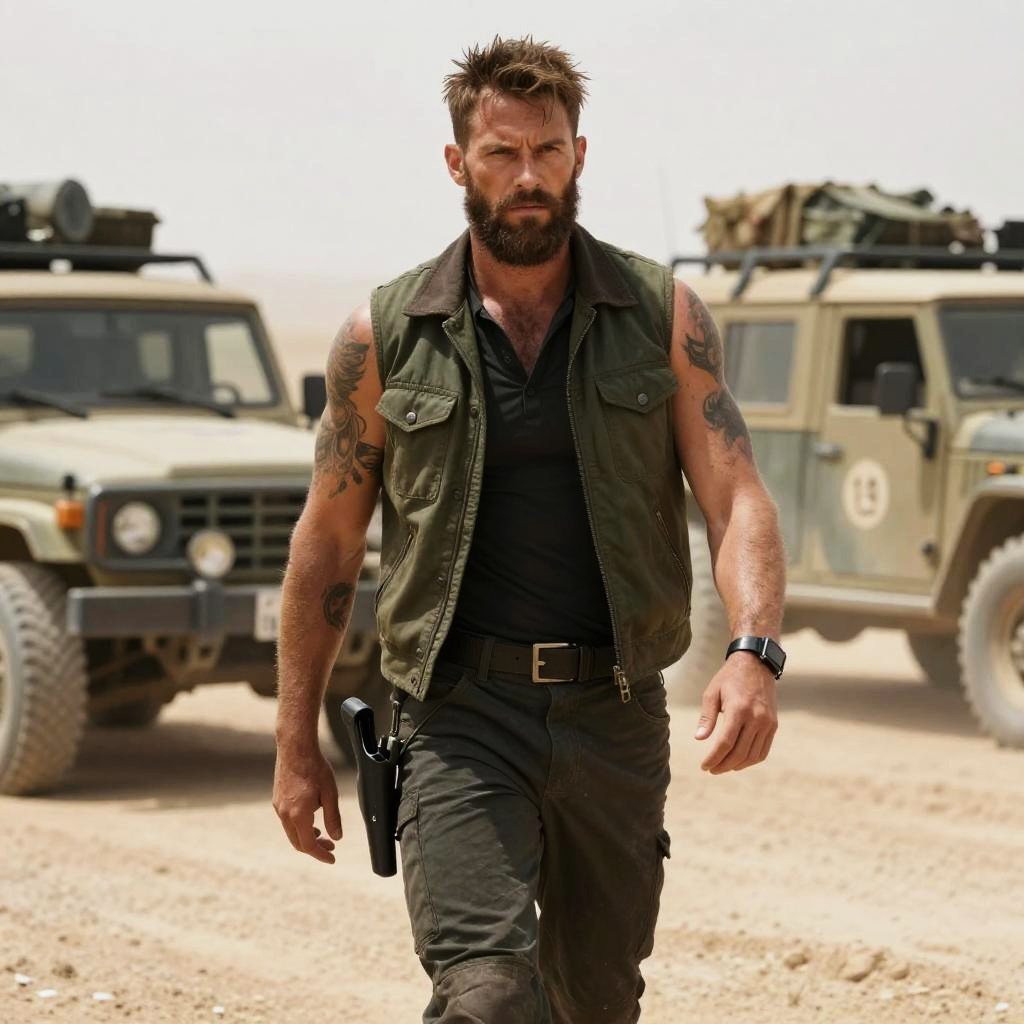 Bearded Man in Military Gear Walking in Desert with Off-Road Vehicles