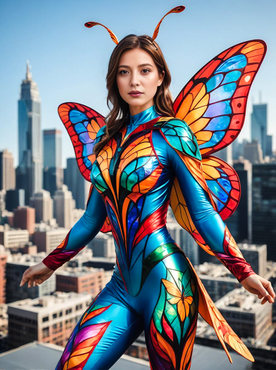 Vibrant Butterfly Costume in Urban Landscape