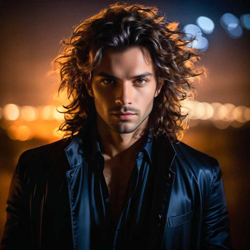 Striking Man in Black Jacket with Curly Hair and Bokeh Lights