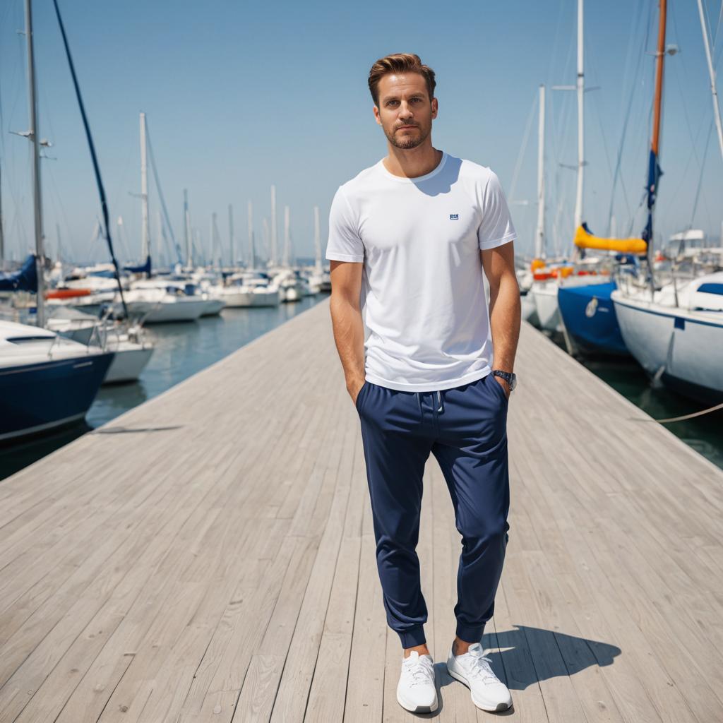 Confident Man on Dock with Yachts