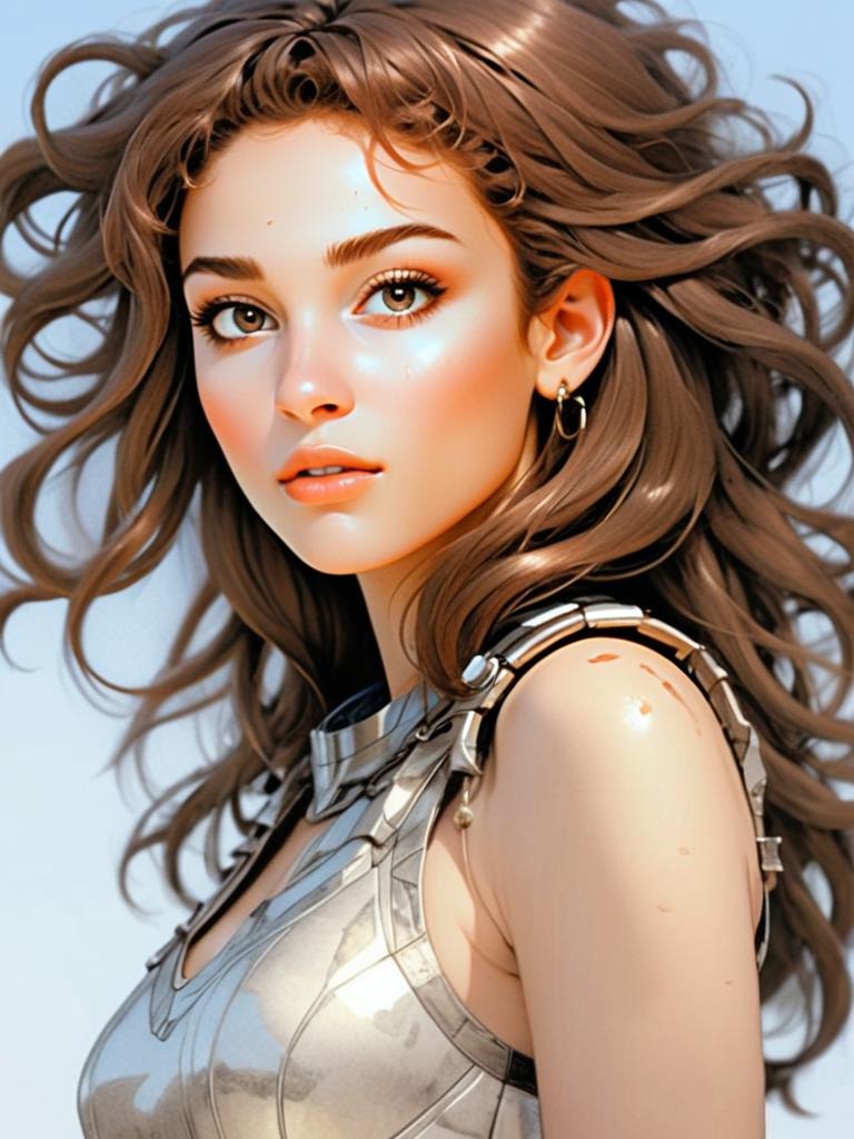 Hyper-realistic portrait of a young woman in metallic armor Hyper-realistic portrait of a young woman in metallic armor