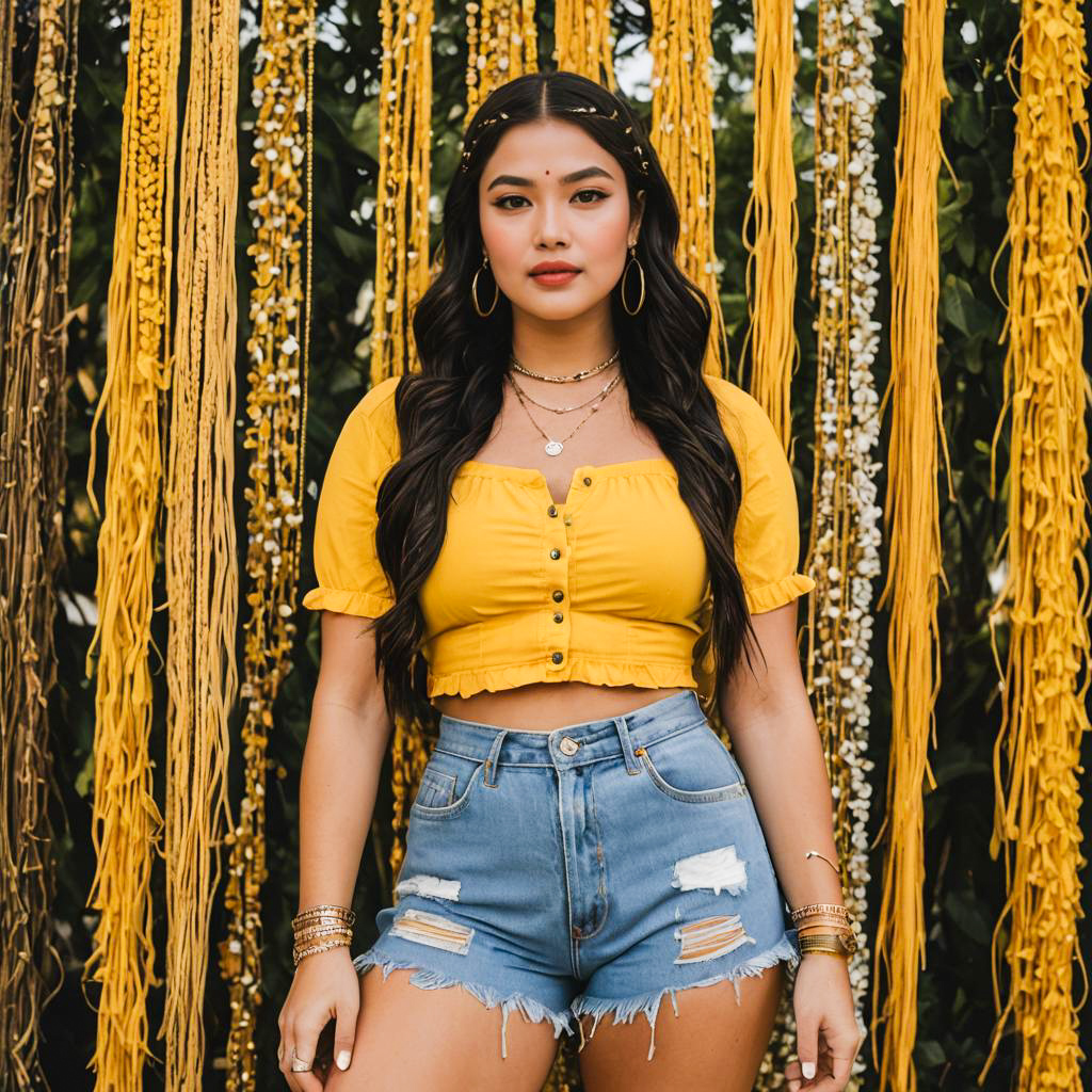 Young Woman in Yellow Cropped Top and Denim Shorts with Boho Decor Background