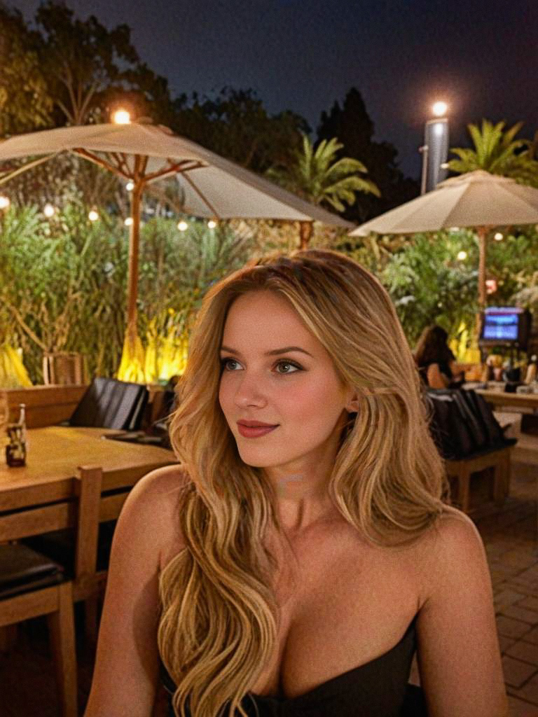 Young Woman Dining Outdoors at Evening Young Woman Dining Outdoors at Evening