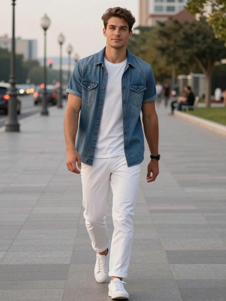 Young Man Walking in Casual Gen Z Denim and White Outfit on City Street