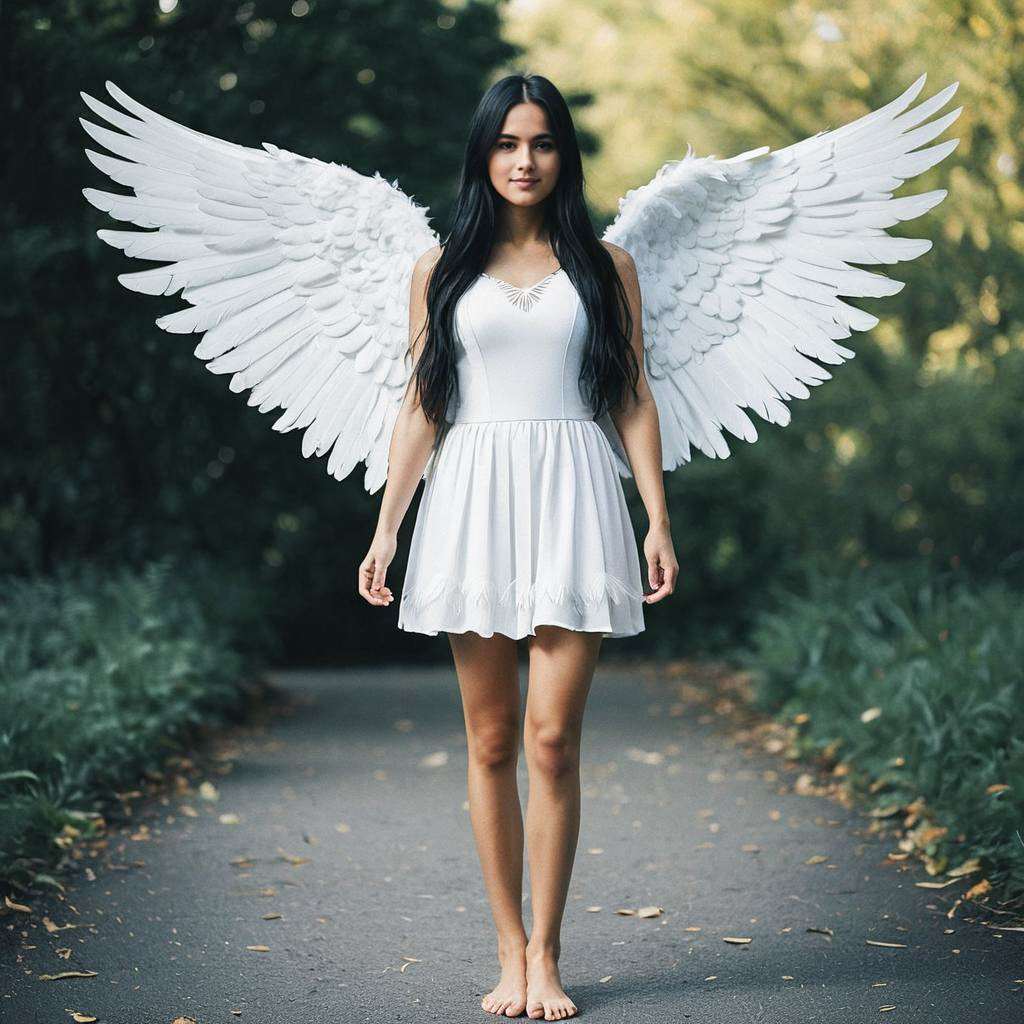 Barefoot Woman in White Dress with Angel Wings in Forest Barefoot Woman in White Dress with Angel Wings in Forest