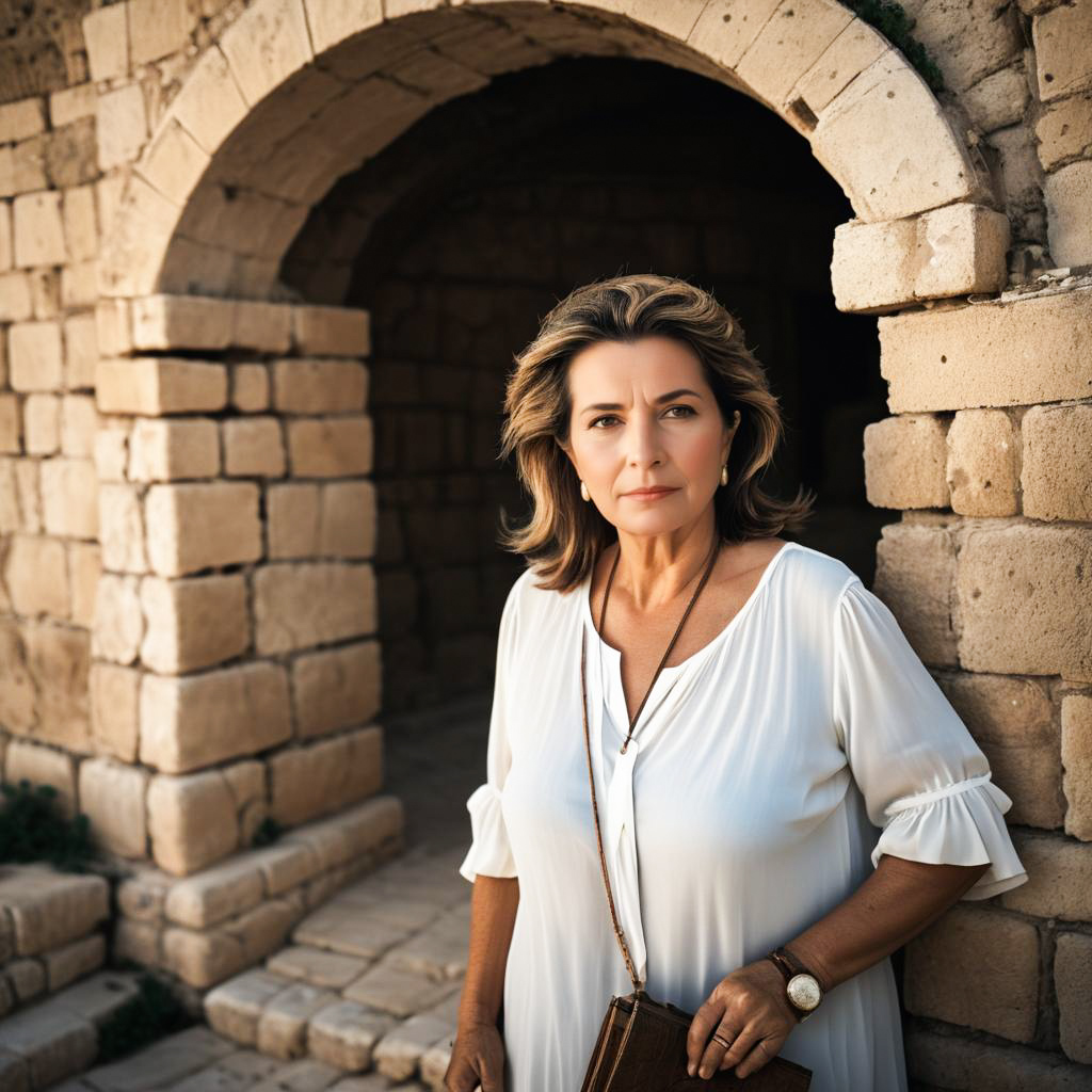 Confident Woman in White by Ancient Archway