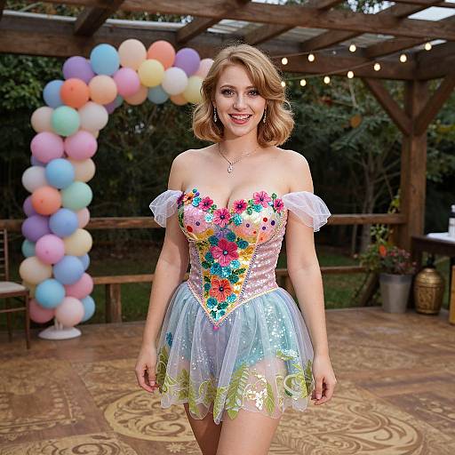 Woman in Colorful Floral Corset Dress with Balloon Arch Party Decoration