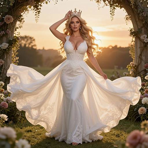 Elegant Woman Wearing Crown and Flowing Wedding Dress in Sunset Garden