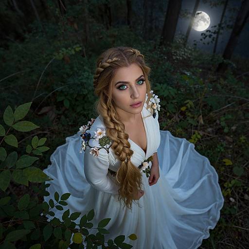 Woman in White Floral Dress with Braided Hair Under Moonlit Forest