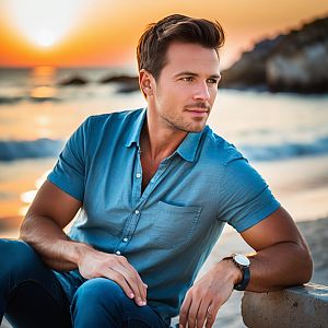 Thoughtful Man by Seaside at Sunset