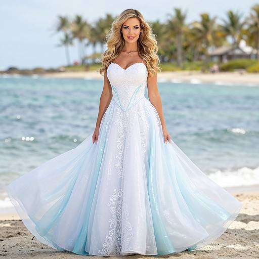 Elegant White and Light Blue Wedding Dress on Beach with Woman