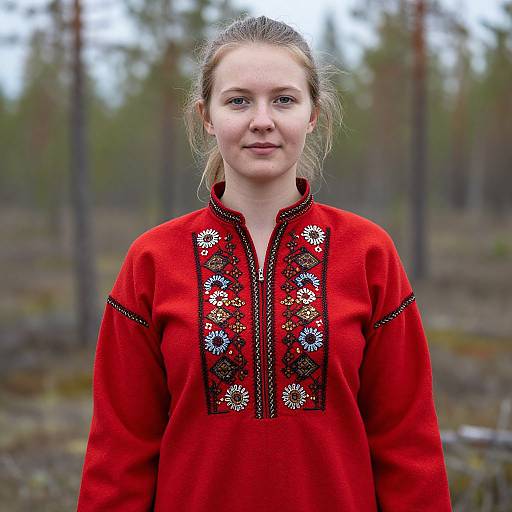 Young Woman Wearing Traditional Red Embroidered Garment Outdoors in Forest