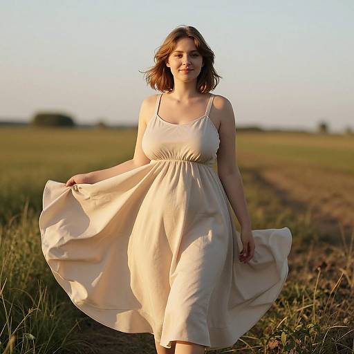 Woman in Flowing Beige Dress Walking in Sunlit Field