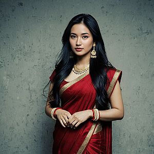 Woman in Dark Red Saree with Gold Jewelry