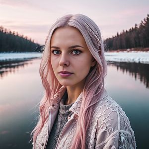 Young Woman with Pastel Pink Hair by Calm River at Sunset