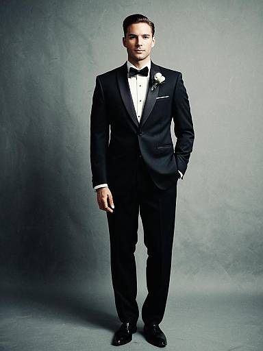 Man in Elegant Black Wedding Tuxedo Full Body Portrait