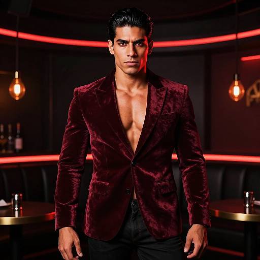 Confident Man in Red Velvet Blazer at Modern Bar