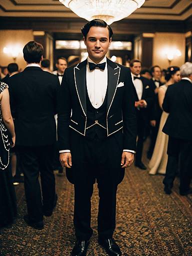 Man in Gatsby Party Costume Full Body Cosplay Photo with Tuxedo and Bow Tie