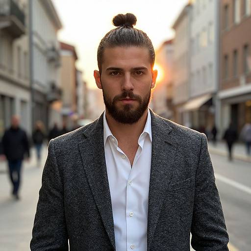 Stylish Man with Man Bun in Grey Blazer at Sunset Urban Street
