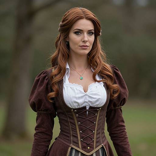Red Haired Woman in Renaissance Style Brown Corset Dress Outdoors