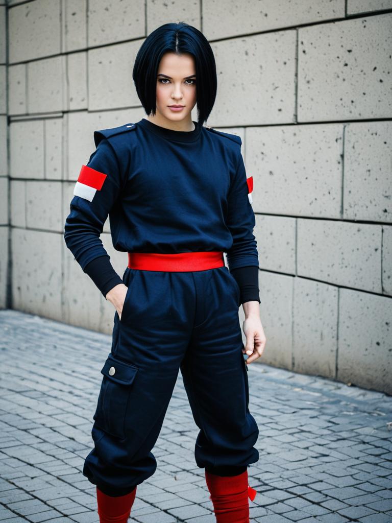 Realistic Android 17 Cosplay Woman in Urban Setting
