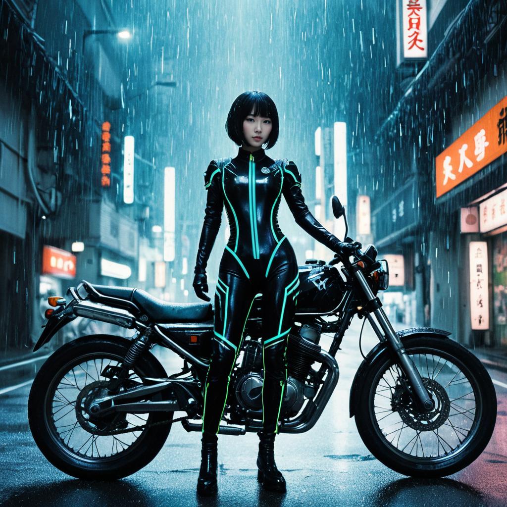 Cyberpunk Woman in Neon Bodysuit with Motorcycle on Rainy Urban Street
