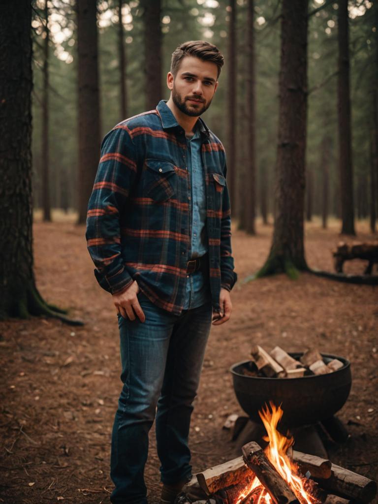 Confident man by campfire in serene forest