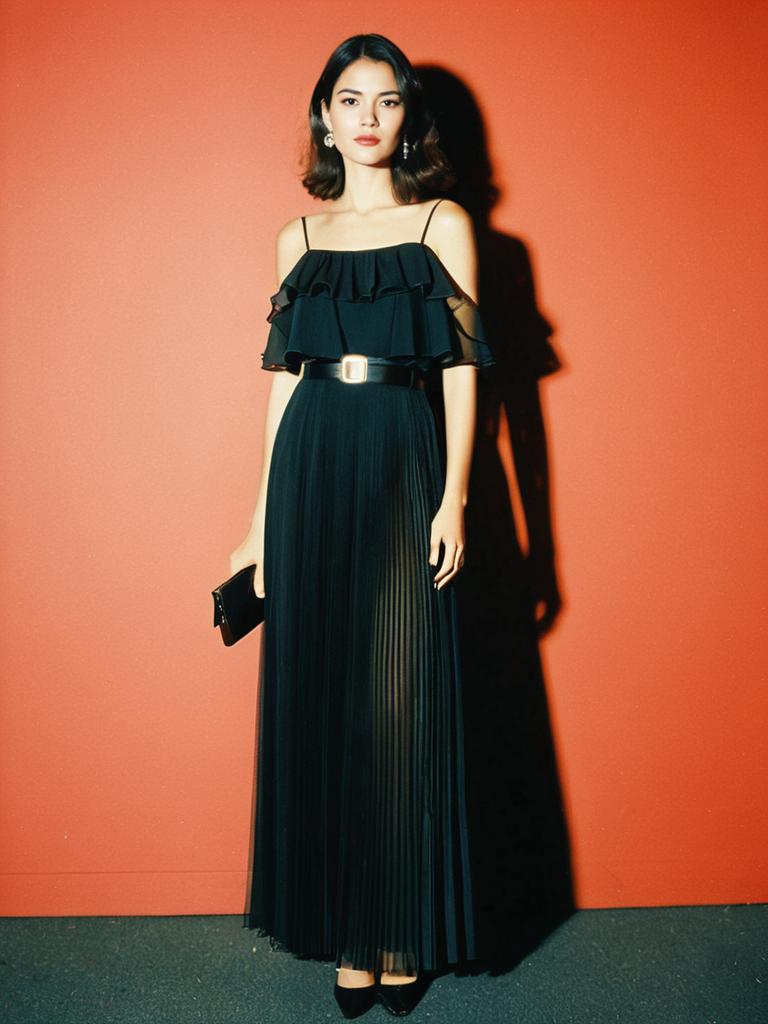 Elegant Black Sleeveless Sheer Maxi Dress with Ruffles and Belt