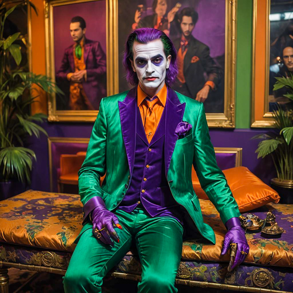 Man in Joker Costume Sitting on Ornate Bench in Colorful Room