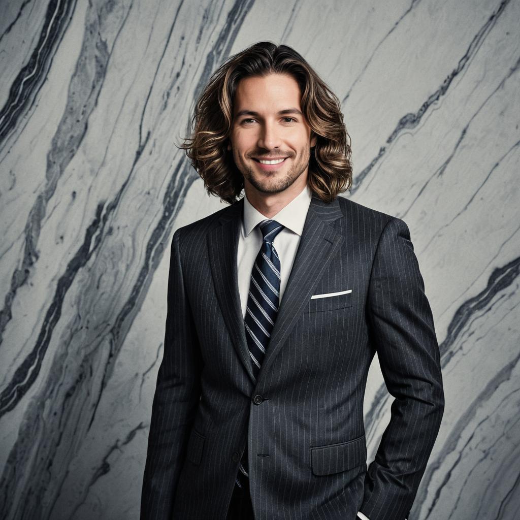 Confident Man in Pinstriped Suit with Marble Background