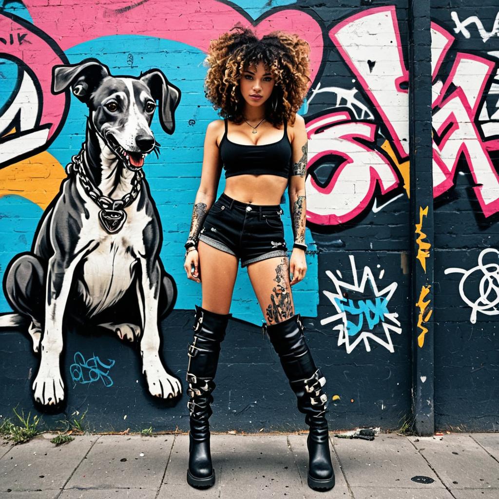 Young Woman Posing in Edgy Streetwear by Colorful Graffiti Dog Mural