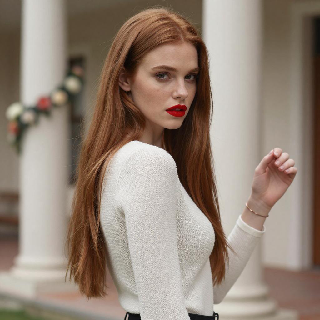 Portrait of Young Red-Haired Woman in White Knit Top with Bold Red Lipstick