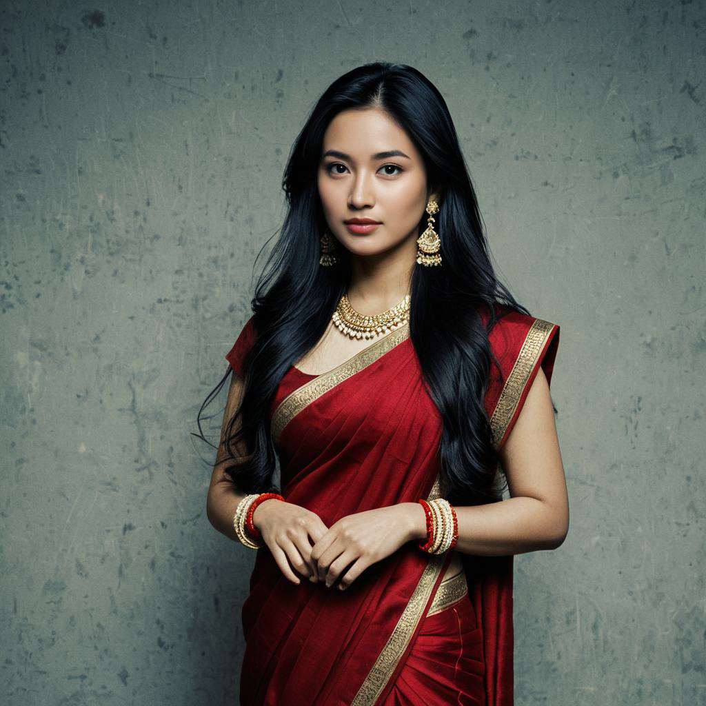 Woman in Dark Red Saree with Gold Jewelry